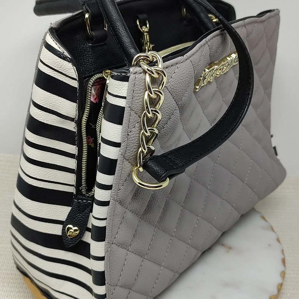 Betsey Johnson gray, black and white stripe quilted faux leather versatile purse - Picture 10 of 12